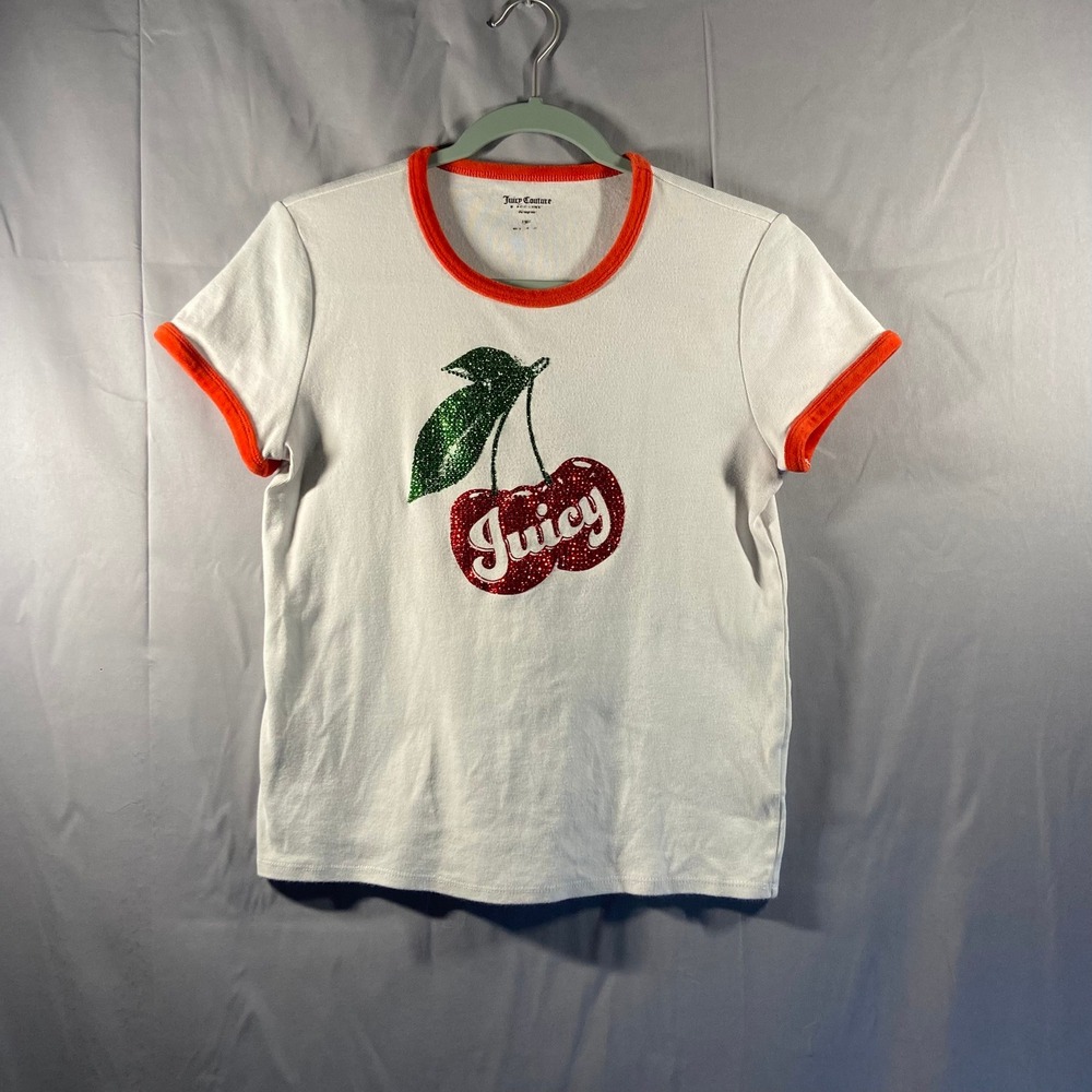 Juicy Couture Girls White Cherry Sequin Ringer T Shirt Size M